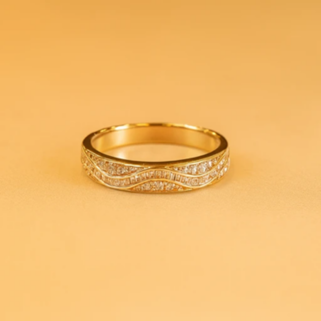 Gold Diamond Band with Wave Inspired Design and Pavé-Set Brilliance Handcrafted Elegance