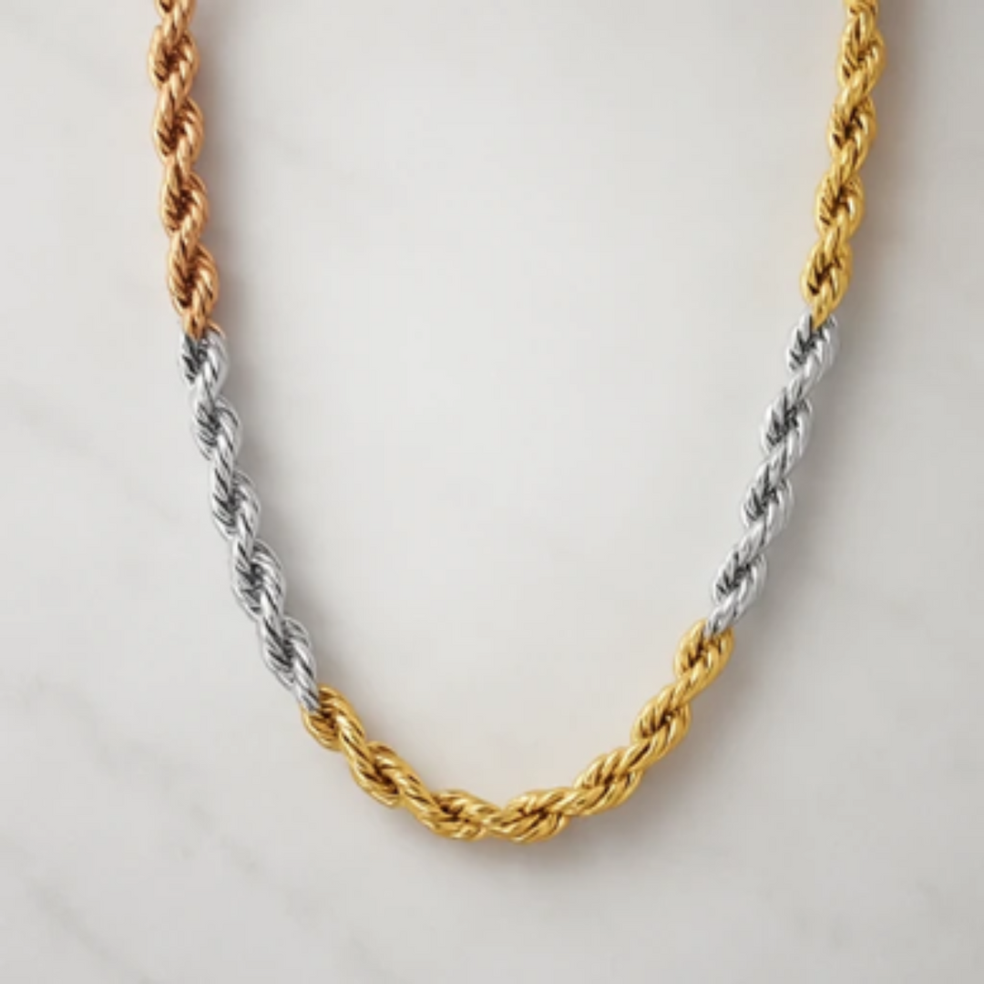 Tri-Tone Twisted Rope Chain Necklace – Gold, White Gold & Rose Gold