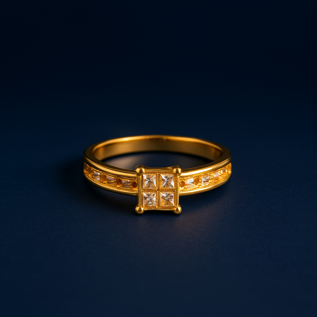 Geometric Gold Ring with Princess Cut Cluster and Channel-Set Accents Handcrafted Luxury Design