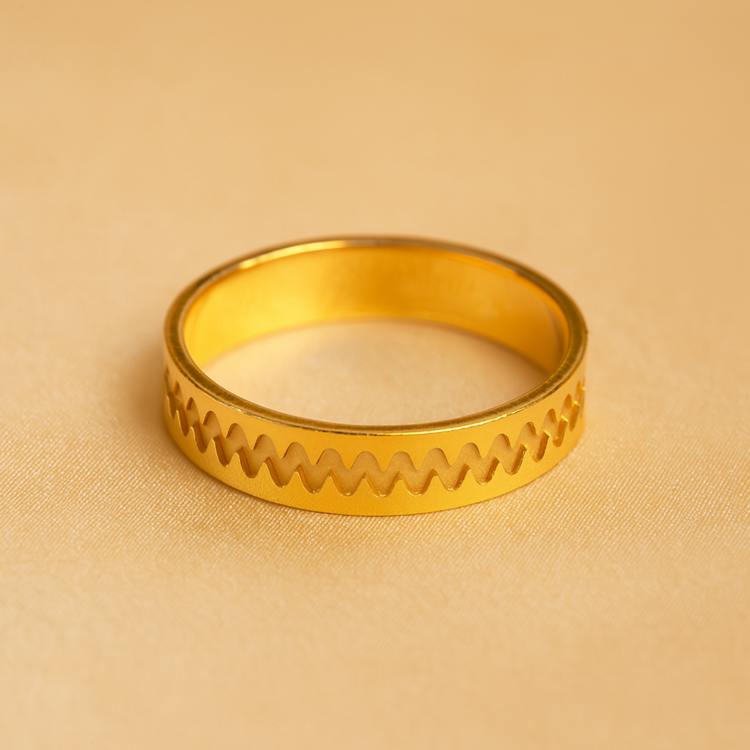 Minimalist Gold Band with Zigzag Pattern Design Handcrafted Contemporary Style Ring