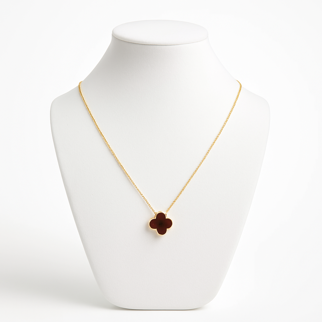 Golden Necklace with Deep Maroon Clover Charm