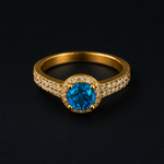 Load image into Gallery viewer, Handcrafted Gold Ring with Brilliant Blue Center and Double Pavé Set Halo Detailing
