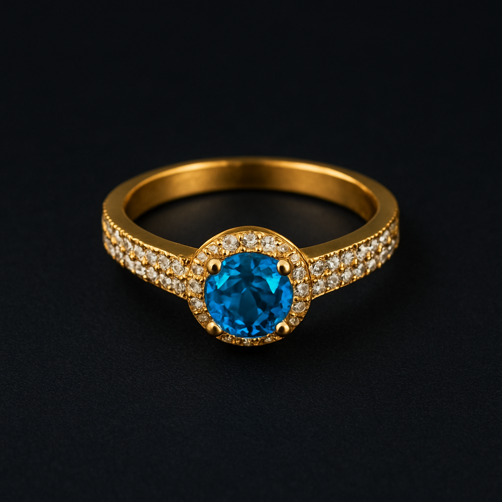 Handcrafted Gold Ring with Brilliant Blue Center and Double Pavé Set Halo Detailing