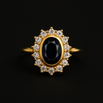 Load image into Gallery viewer, Royal-Inspired Gold Ring with Deep Oval Center and Brilliant Halo of Hand Set Sparkles
