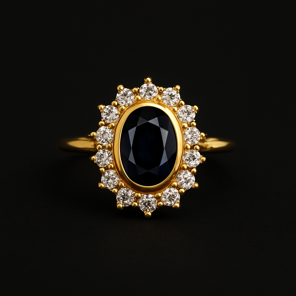 Royal-Inspired Gold Ring with Deep Oval Center and Brilliant Halo of Hand Set Sparkles