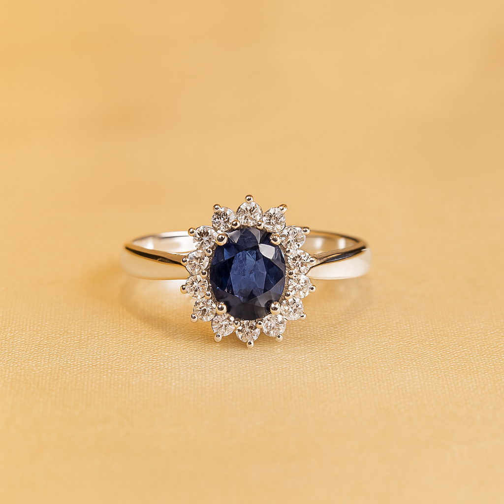 White Gold Halo Ring with Deep Blue Centerpiece and Brilliant Cut Surround Handcrafted Royal Elegance